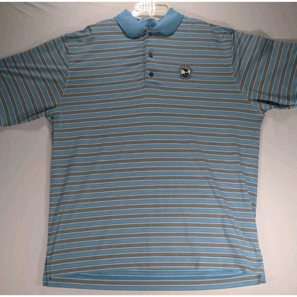 FootJoy Mens XL Pebble Beach Golf Polo Shirt Performance Blue Black Stripes - Picture 2 of 9